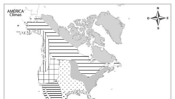 Mapa climático de América en blanco y negro