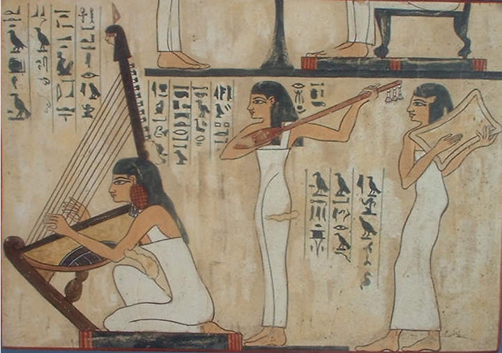 Mujeres tocando música en mural egipcio