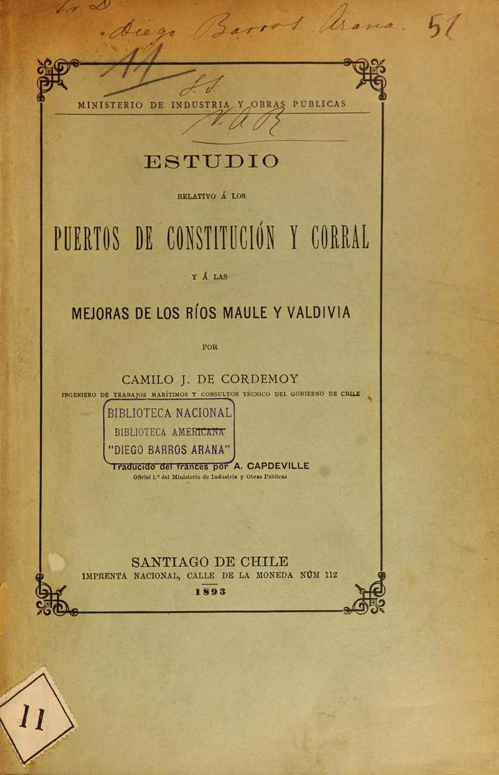 Estudio relativo a los puertos de Constitución y Corral y a las mejoras de los ríos Maule y Valdivia