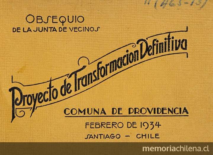 Memorándum sobre "Proyecto Transformación definitiva Comuna de Providencia": obsequio de su Junta de Vecinos