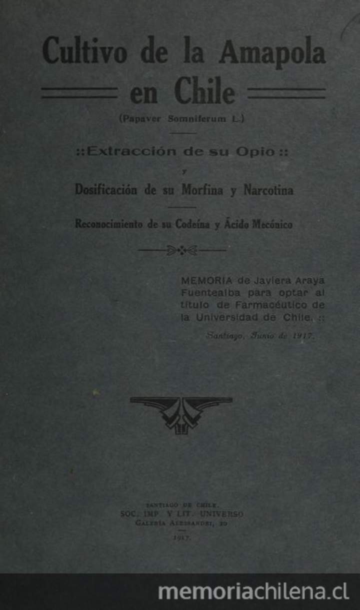 Cultivo de la amapola en Chile: (papaver somriferum L.): extracción de su opio, y dosificación de su morfina y narcotina, reconocimiento de su codeína y ácido mecórico