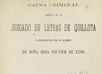Causa criminal seguida en el Juzgado de Letras de Quillota a consecuencia de la muerte de Doña Rosa Prunier de Lyon
