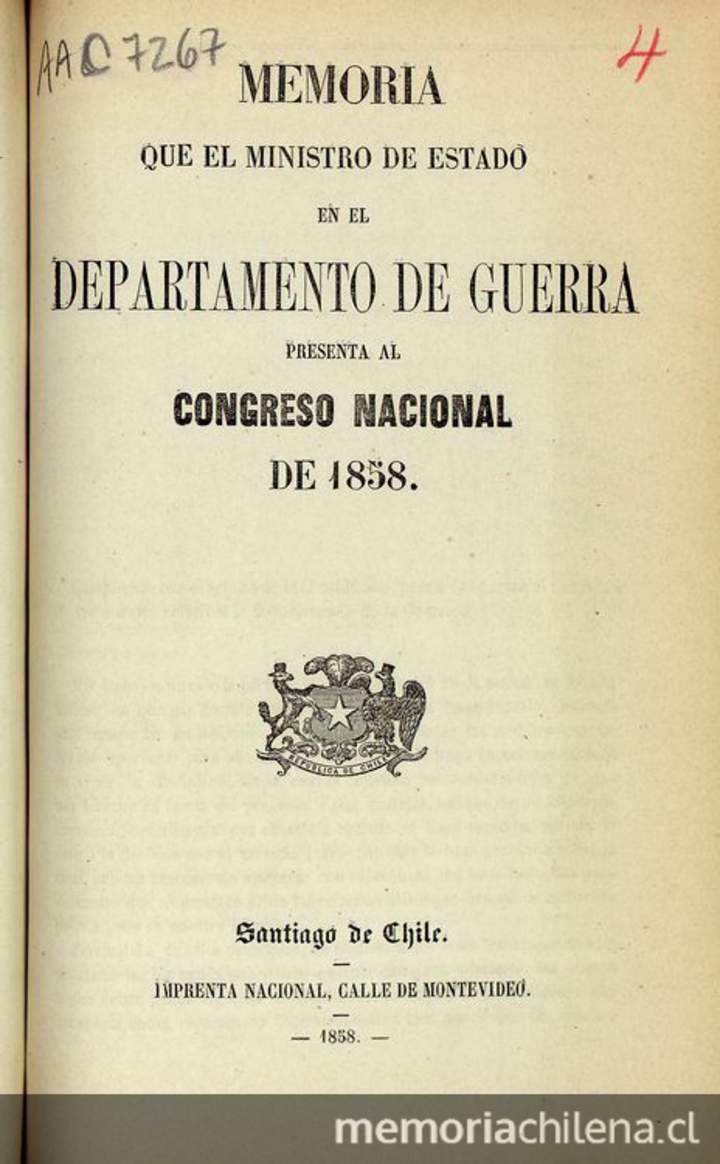 Memoria que el Ministro de Estado en los Departamentos de Guerra y Marina presenta al Congreso Nacional de 1858