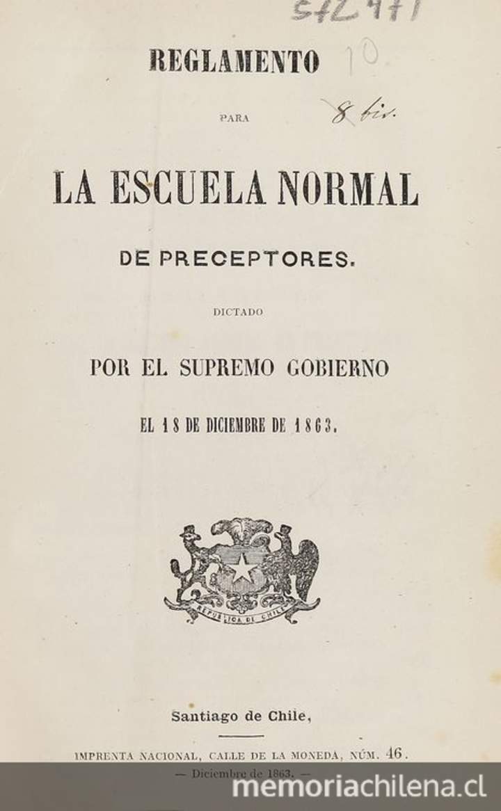 Reglamento para la Escuela Normal de Preceptores dictado por el Supremo Gobierno el 18 de diciembre de 1863