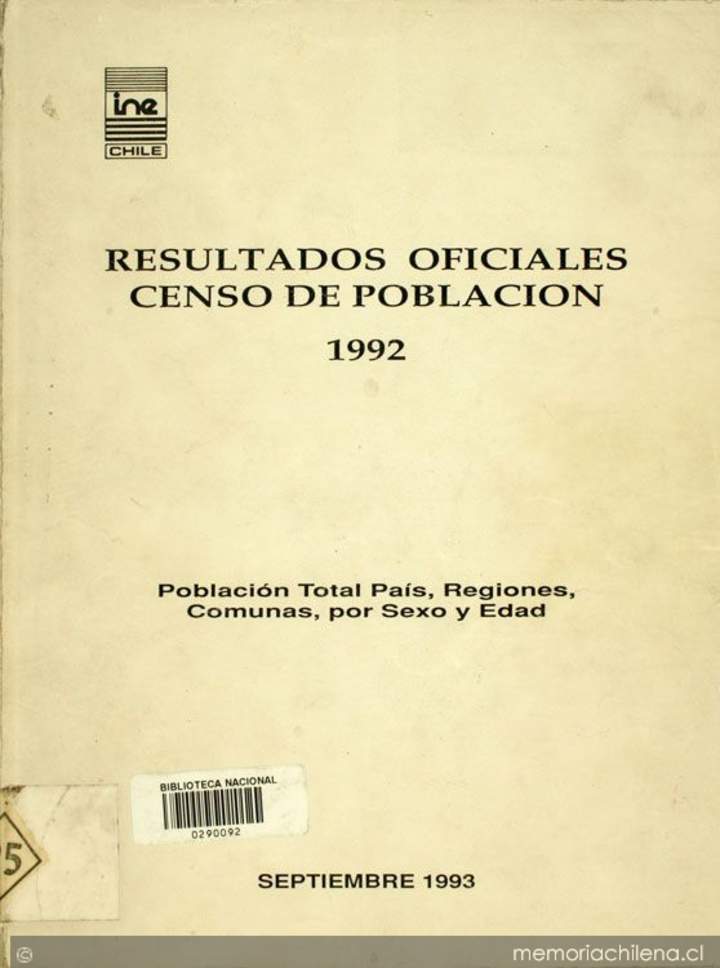 Resultados oficiales censo de población 1992: población total país, regiones, comunas, por sexo y edad
