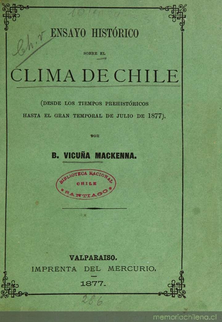 Ensayo histórico sobre el clima de Chile: (desde los tiempos prehistóricos hasta del gran temporal de julio de 1877).