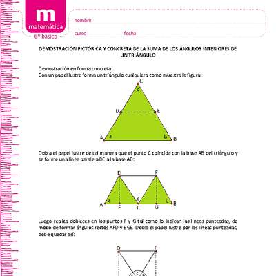 Demostración pictórica y concreta de la suma de los ángulos interiores de un triángulo