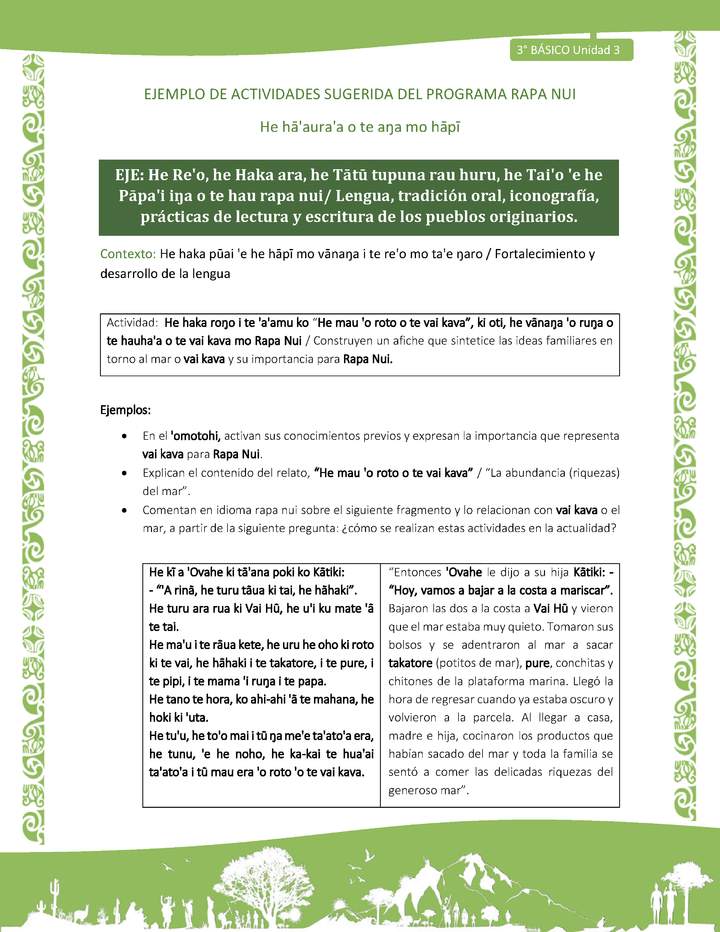 Construyen un afiche que sintetice las ideas familiares en torno al mar o vai kava y su importancia para Rapa Nui - Contexto: Fortalecimiento y desarrollo de la lengua