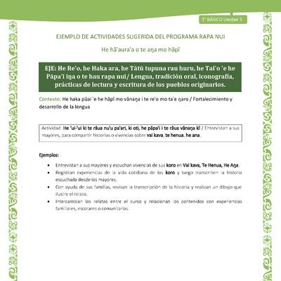  Entrevistan a sus mayores, para compartir historias o vivencias sobre vai kava, te henua, he ana