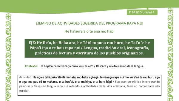 Elaboran un tríptico incorporando palabras y frases en lengua rapa nui referido a actividades de la vida cotidiana, familiar, comunitaria y/o escolar