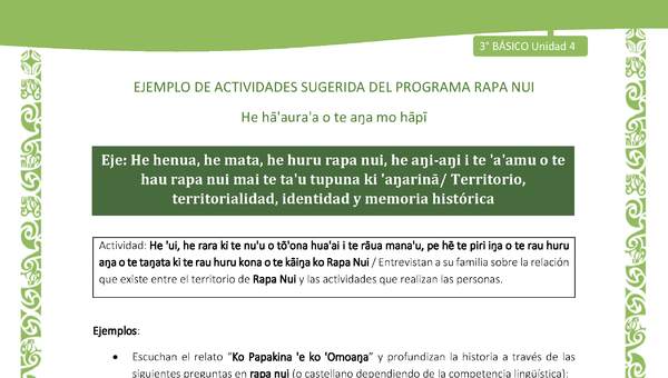 Entrevistan a su familia sobre la relación que existe entre el territorio de Rapa Nui y las actividades que realizan las personas