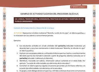 Representan el relato tradicional “Mamiña, la niña de mis ojos”, en idioma quechua, y lo relacionan con sus saberes o conocimientos previos