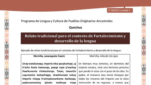 Relato tradicional para el contexto de Fortalecimiento y desarrollo de la lengua