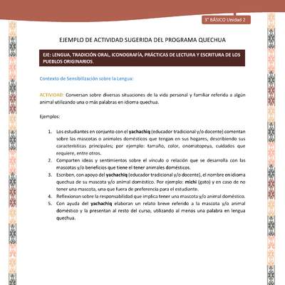 Conversan sobre diversas situaciones de la vida personal y familiar referida a algún animal utilizando una o más palabras en idioma quechua