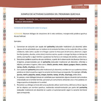 Recrean diálogos de situaciones de la vida cotidiana, incorporando palabras quechua de uso habitual