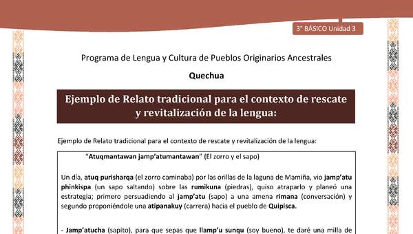 Ejemplo de Relato tradicional para el contexto de rescate y revitalización de la lengua