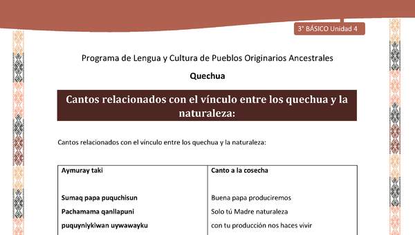 Cantos relacionados con el vínculo entre los quechua y la naturaleza