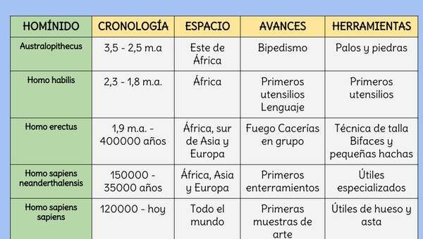 Cuadro comparativo de los homínidos