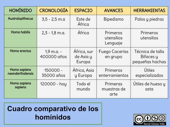 Cuadro comparativo de los homínidos