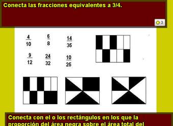 Fracciones equivalentes a 3/4 y área igual a 1/2