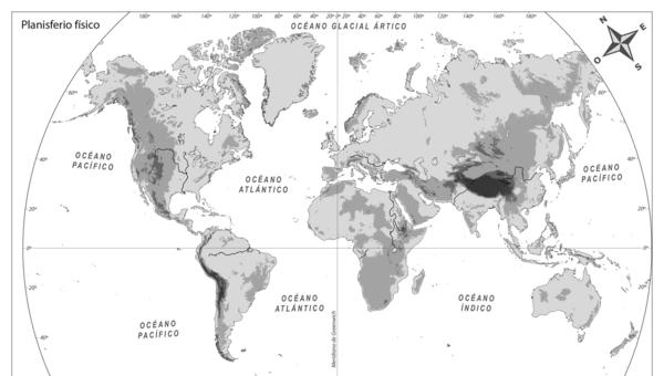 Planisferio físico blanco y negro mudo