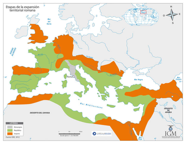 Mapa con etapas expansión territorial de Roma