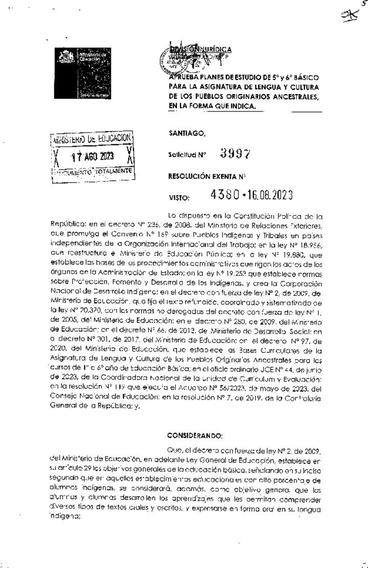 Plan de estudio asignatura lengua y cultura de los pueblos originarios ancestrales 5° y 6° año básico