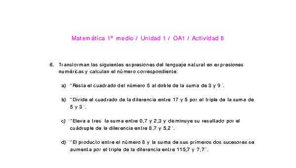 Matemática 1 medio-Unidad 1-OA1-Actividad 6