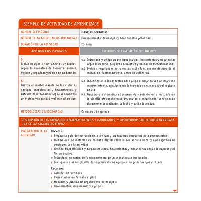 Mantenimiento de equipos y herramientas pecuarias