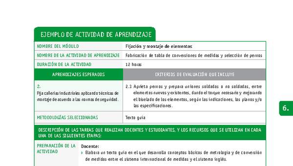 Fabricación de tabla de conversiones de medidas y selección de pernos