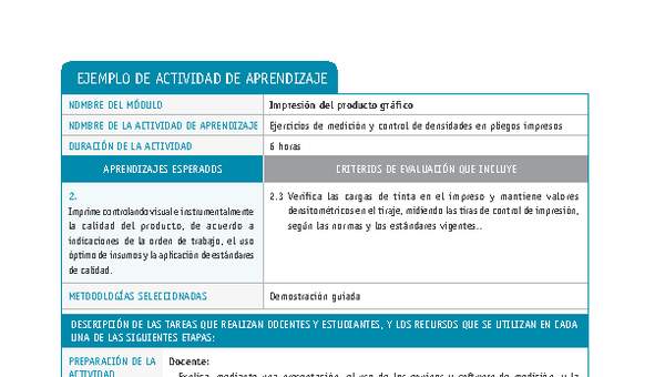 Ejercicios de medición y control de densidades en pliegos impresos