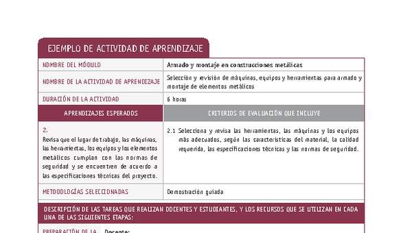 Selección y revisión de máquinas, equipos y herramientas para armado y montaje de elementos metálicos