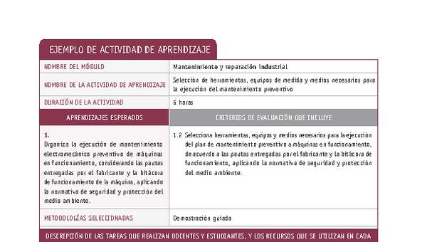 Selección de herramientas, equipos de medida y medios necesarios para la ejecución del mantenimiento preventivo