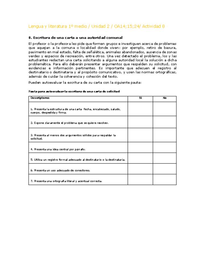 Lengua y Literatura 1 medio-Unidad 2-OA14;15;24-Actividad 8