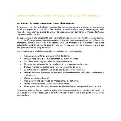 Lengua y Literatura 1 medio-Unidad 2-OA1;11;17;24-Actividad 14 Lengua y Literatura 1 medio-Unidad 2-OA1;11;17;24-Actividad 14