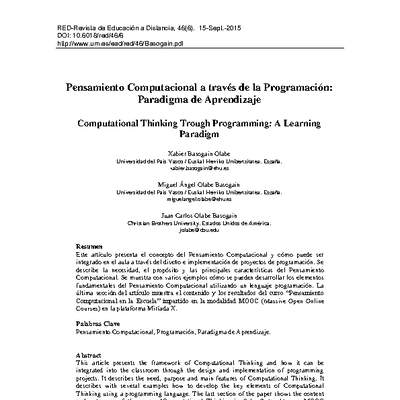 Pensamiento Computacional a través de la Programación: Paradigma de Aprendizaje
