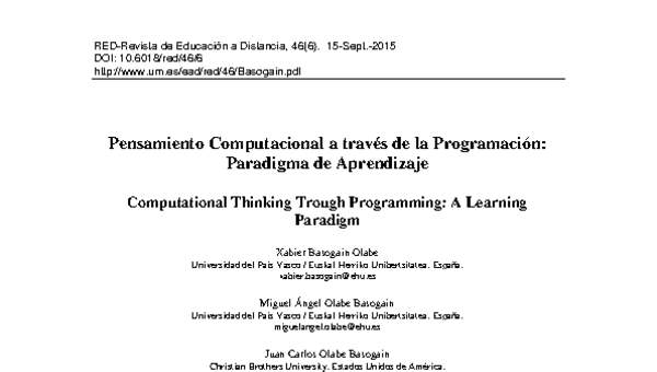 Pensamiento Computacional a través de la Programación: Paradigma de Aprendizaje