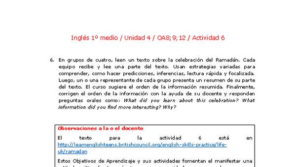 Inglés 1 medio-Unidad 4-OA8;9;12-Actividad 6