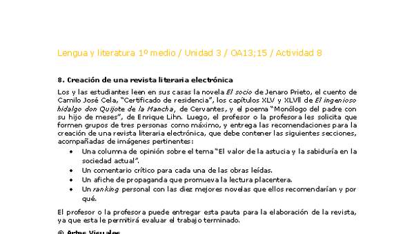 Lengua y Literatura 1 medio-Unidad 4-OA13;15-Actividad 8