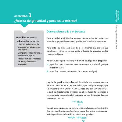 Sugerencia para el profesor: Actividad 1. ¿Fuerza de gravedad y peso es lo mismo?