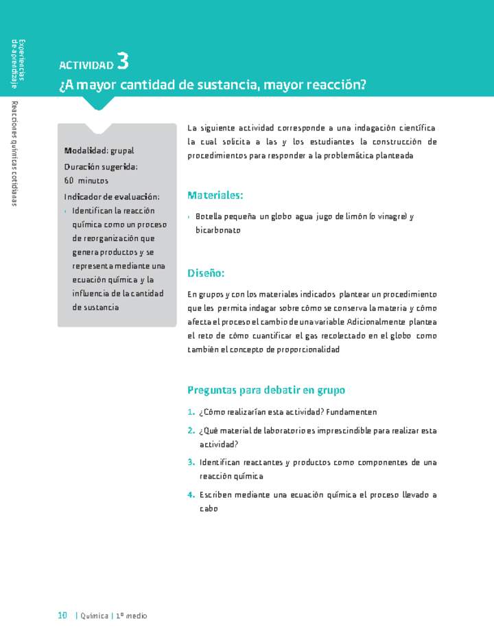 Sugerencia para el profesor: Actividad 3. ¿A mayor cantidad de sustancia, mayor reacción?