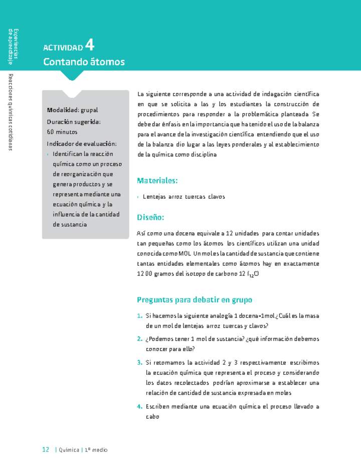 Sugerencia para el profesor: Actividad 4. Contando átomos