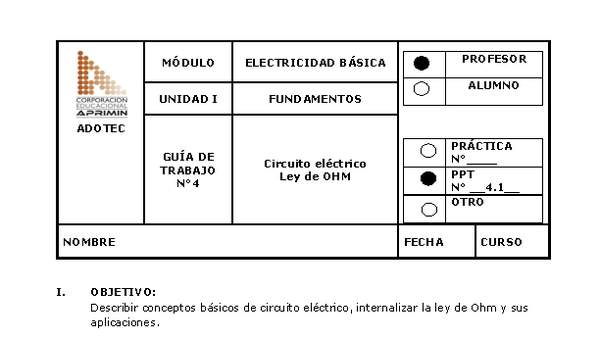 Guía de trabajo del docente Electricidad básica, circuito eléctrico y ley de Ohm