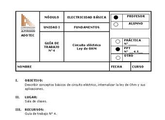 Guía de trabajo del docente Electricidad básica, circuito eléctrico y ley de Ohm