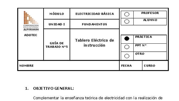 Guía de trabajo del estudiante Electricidad básica tablero eléctrico de instrucción