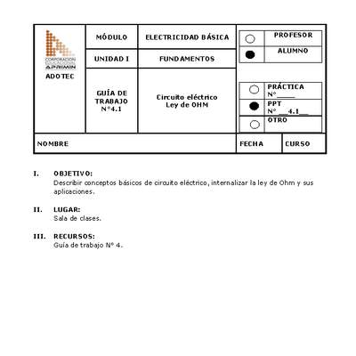 Guía de trabajo del estudiante Electricidad básica, circuito eléctrico y ley de Ohm