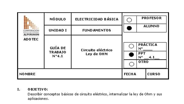 Guía de trabajo del estudiante Electricidad básica, circuito eléctrico y ley de Ohm