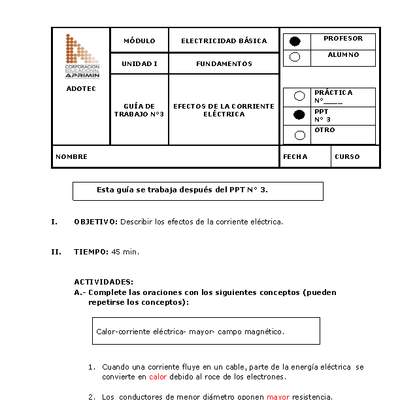 Guía de trabajo del docente Electricidad básica, efectos de la corriente eléctrica