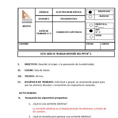 Guía de trabajo del docente Electricidad básica, corriente eléctrica