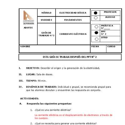 Guía de trabajo del docente Electricidad básica, corriente eléctrica